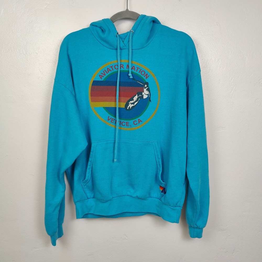 Aviator Nation Hoodie Size Small Blue Surf Graphic Sleeve Logo Retro Surfcore - Picture 2 of 10